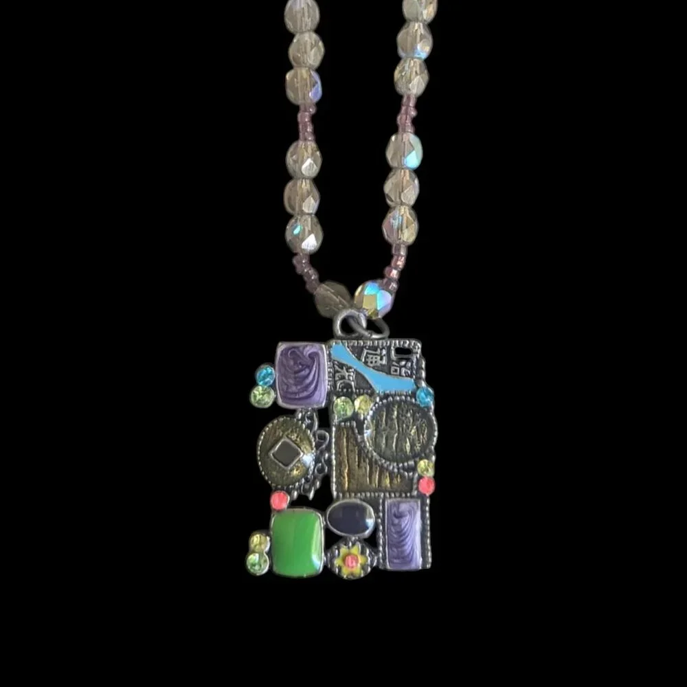 Micro Mosaic Y2K Enamel‎ Steampunk Glass Beaded Necklace Boho Wearable Art Metal